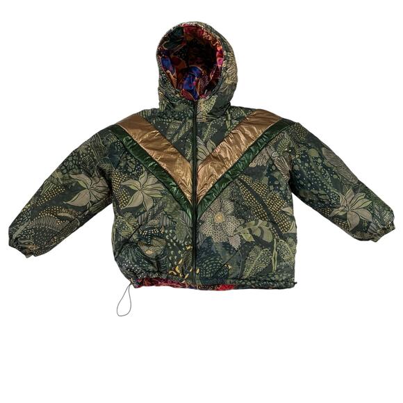 FARM Rio Reversible Hooded Puffer Metallic Detail Coat Jacket Green Multi Size L - Picture 1 of 5